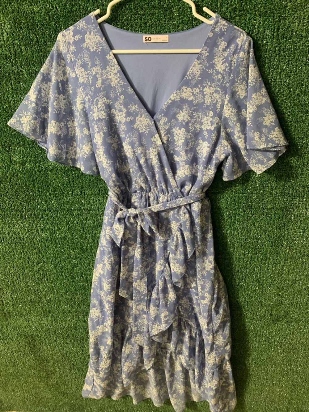 SO Blue Floral Wrap Midi Dress with Tie Waist